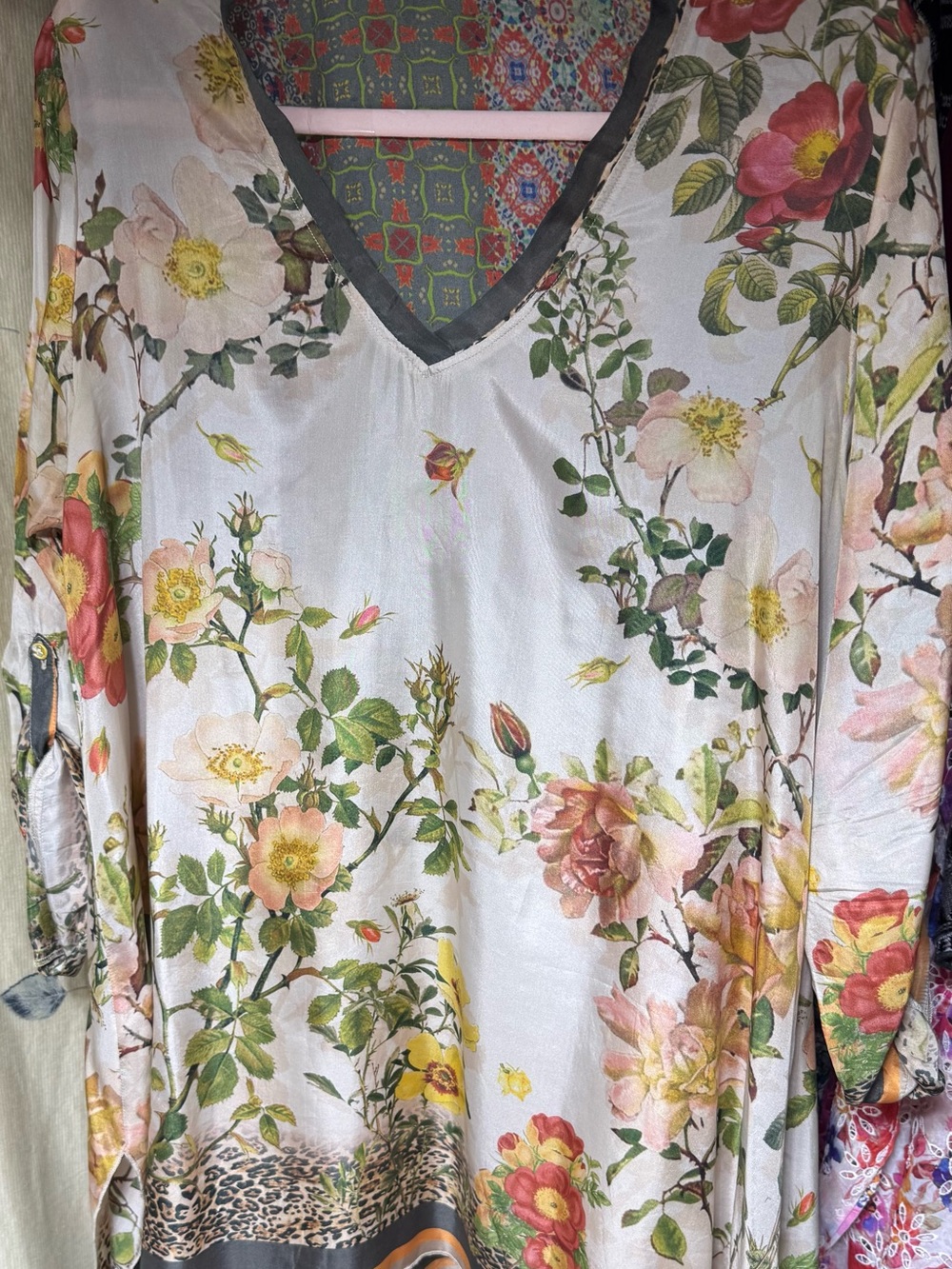 Johnny Was 100% Silk Floral Tunic Top in Cream, Pink, Yellow, Green